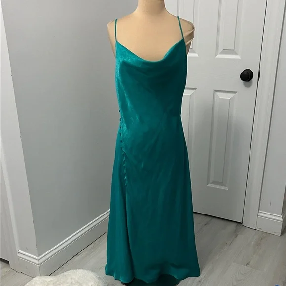 Zara Teal Satin Draped Neck Spaghetti Strap Dress - Picture 2 of 7